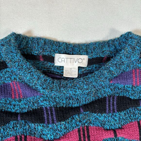 Vintage 90s Cattivo Sweater Coogi Style 3D Knit Size Medium Geometric - Picture 2 of 14
